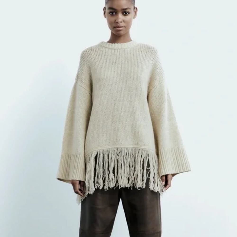 Zara Cream Fringe Hem Knit Sweater